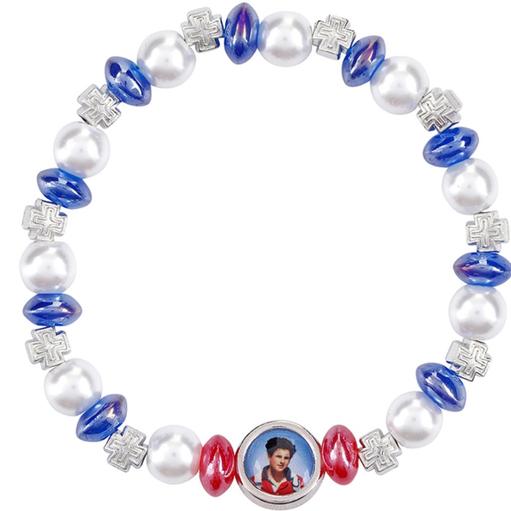 Saint Carlo Acutis Elegant faux pearl Blue and Red Beaded Bracelet Catholic gift